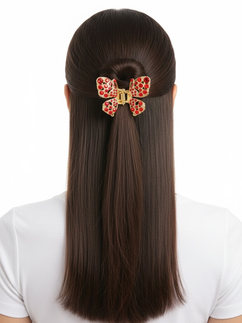 Butterfly Allover Cherry Red Rhinestone 1.5” Gold Metal Lobster Claw Hair Clip